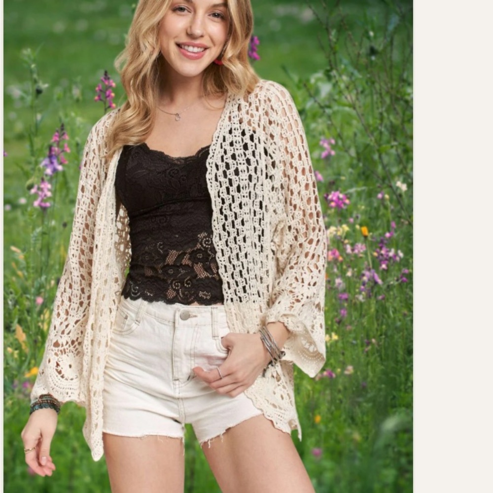 Cream Crochet Open-Front Cardigan size S